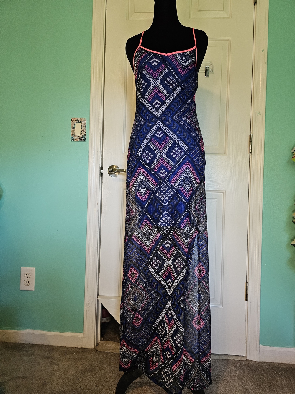 Fire Los Angeles Navy & Pink Geometric Maxi Dress Junior's Size M